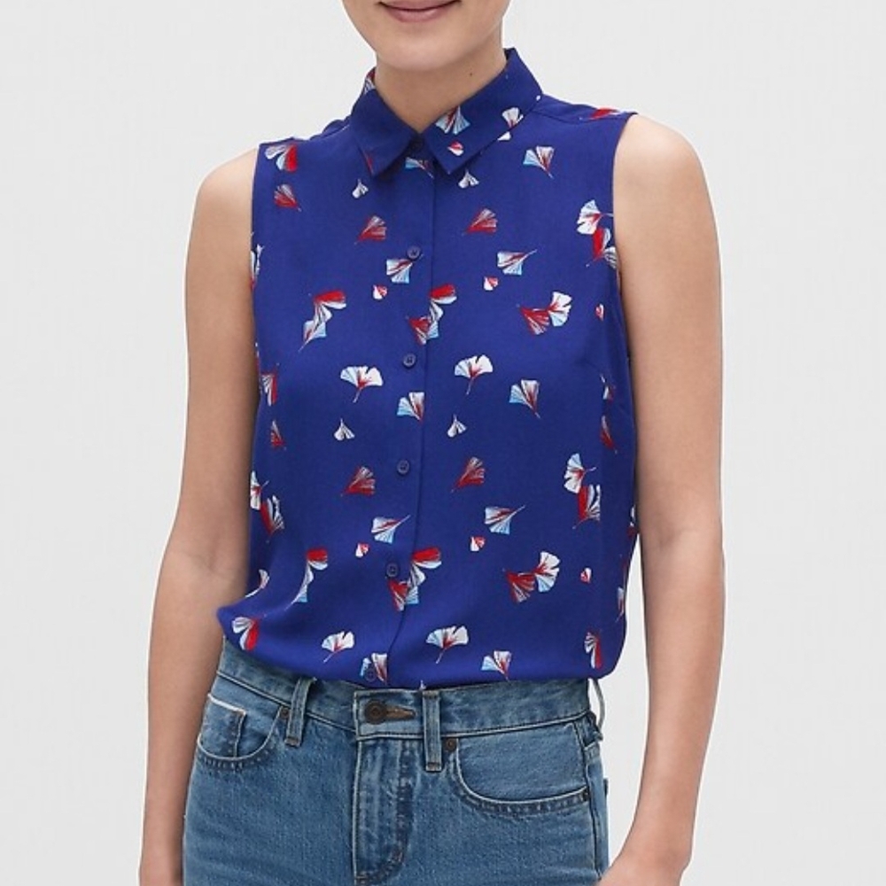 Banana Republic Blue Sleeveless Button Down Blouse with Red Florals - Picture 1 of 6